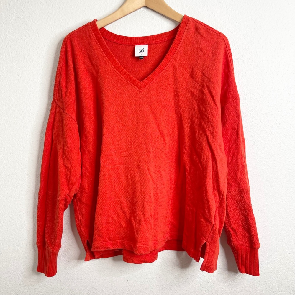 Cabi 6605 Playoff Pullover Red V-Neck Textured Panel Sweater Womens‎ Large